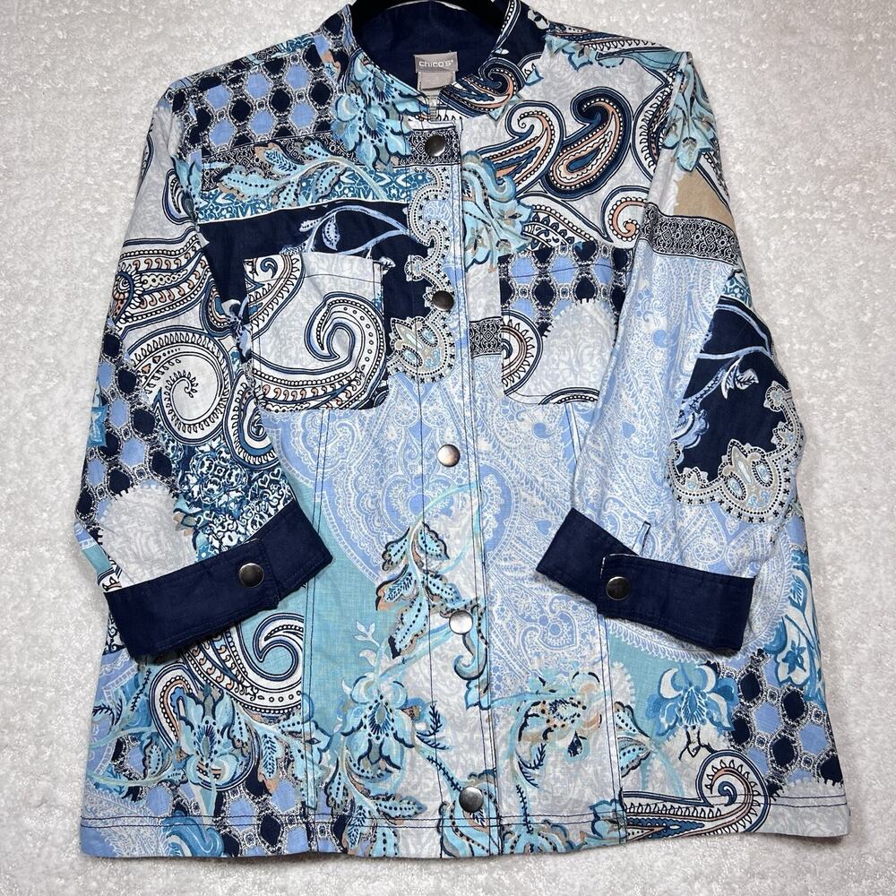 Chico’s Size 2 Blue Paisley Patchwork 3/4 Sleeve Linen Reversible Blazer Jacket